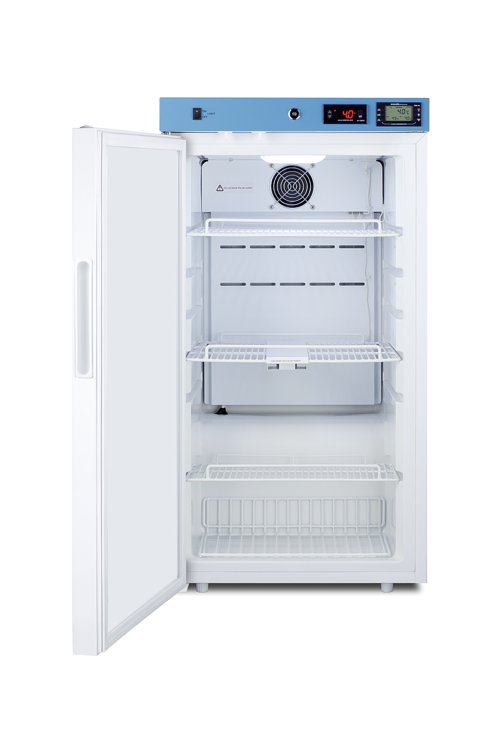 Healthcare all-refrigerator with self-closing door, front lock, digital controls, and external temperature readout